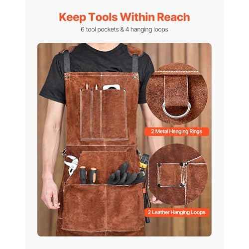 VEVOR Leather Welding Work Apron, Heavy Duty Cowhide Flame Resistant Welding Apron, Heat-Resistant Blacksmith Welder Aprons with 6 Tool Pockets for Woodworking, Gardening, BBQ