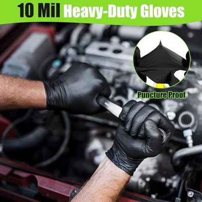 TREEGO 10 Mil Black Nitrile Gloves 100 Large, Extra Thick Disposable, Raised Diamond Grip, Latex & Powder Free ? Rubber Gloves Heavy Duty for Mechanic, Construction, Automotive
