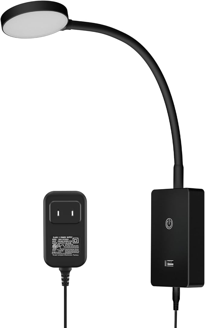 Touch Dimmable LED Wall Mounted Bedside Reading Light, Black Flexible LED Wall Reading Lamp for Nightstand in Bedroom, 120° Wide Angle Neutral White Lighting, with 5V2A USB Output Port