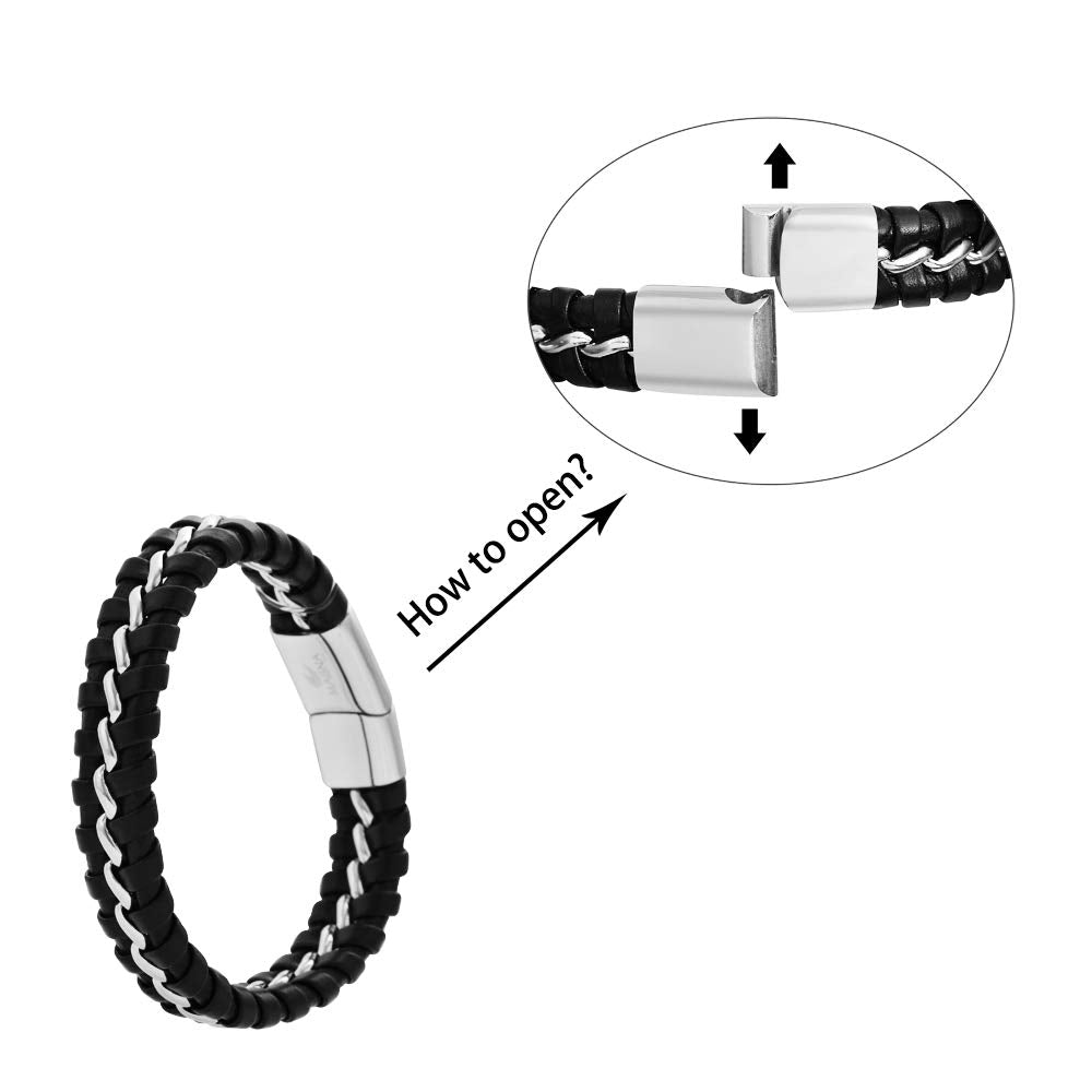 Magna Steel Men's Braided Genuine Leather Wristband Cuff Bracelet, Silver