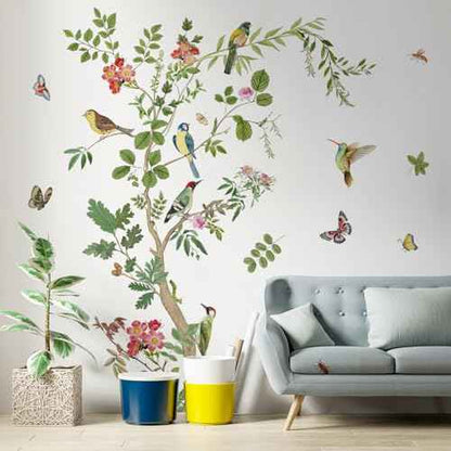 Tree Wall Stickers Branch Bird Wall Decals Green Leaves Flowers Birds Wall Stickers DIY Peel and Stick Waterproof Wall Murals Decor for Living Room Nursery Bedroom (Retro Tree)