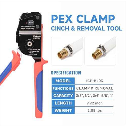 iCrimp ICP-BJ03 PEX Clamp Tool for Cinch and Removal of 3/8-in, 1/2-in, 3/4-in and 1-in PEX Clamp Rings, One-handed PEX Crimping Tool