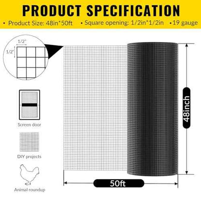 Hardware Cloth PVC Coated Wire Mesh 48'' x 50' 1/2inch Mesh Black Vinyl Coated Fence Chicken Wire Fencing 19 Gauge Chain Link Fence for Chicken Coop, Animal Control,Gutter Guard, and Home Improvement