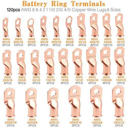 240Pcs Battery Cable Terminals Crimp Connector AWG8 4 6 2 1 1/0 2/0 4/0 Gauge 1/4 5/16 3/8 1/2 inch Copper Ring Lugs Wire Ends Assortment with 3:1 Heat Shrink Tube kit in Two-Side Box