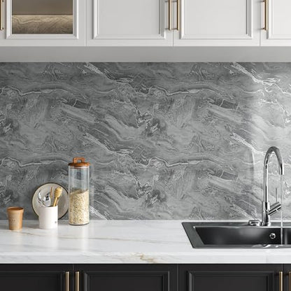 VaryPaper 15.7''x78.7'' Glossy Silver Grey Marble Contact Paper for Countertops Waterproof Peel and Stick Wallpaper Marble Vinyl Wrap for Cabinets Table Desk Removable Self Adhesive Granite Wall Paper