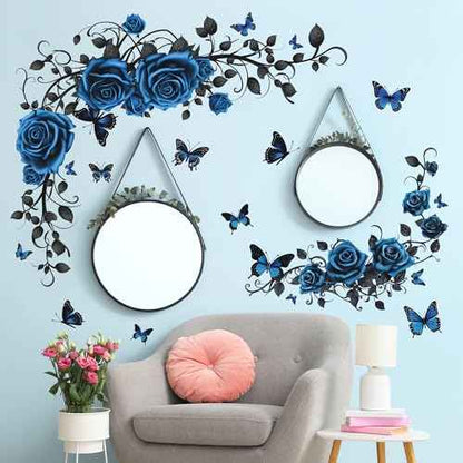 Removable Blue Floral Rose Wall Decor 3D Peel and Stick Flower Vine Black Plants Vines Leaf Wall Stickers Flying Butterfly Wall Decals for Kids Girls Baby Bedroom Nursery Living Room (Blue)