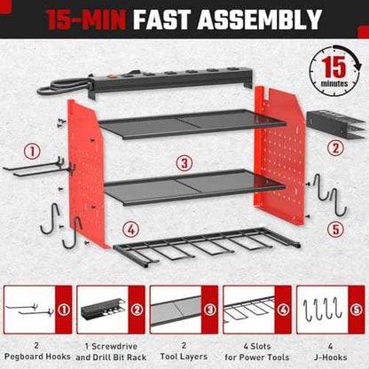 Power Tool Organizer with Charging Station, Heavy Duty 3 Layer Drill Holder Wall Mount Garage Shelf Rack with 6 Outlet Power Strip, Tool Shelf with Hooks, Drill Bit Rack for Garage, Red