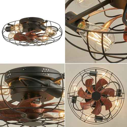 Small Caged Ceiling Fan with Light, Farmhouse Rustic Flush Mount Ceiling Fans with Lights and Remote, Bladeless Low Profile Enclosed Ceiling Fan with Light for Kitchen, Bedroom, Black