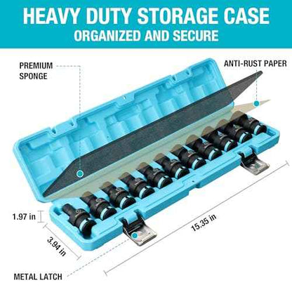 DURATECH 3/8" Drive Impact Swivel Socket Set, 11-Piece Shallow Wobble Socket Set, Metric, Cr-Mo Steel, 6 Points, Organized in Sturdy Storage Case(8-19mm)