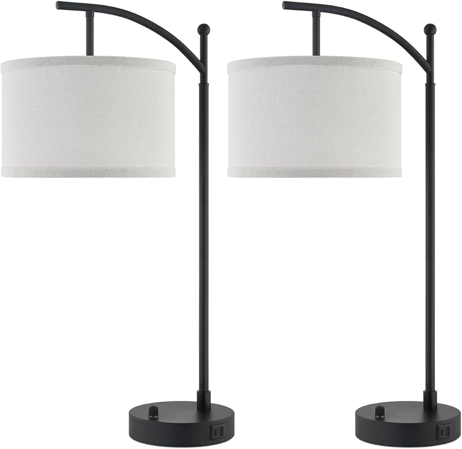 Table Lamp for Living Room Bedroom, 23.5" Table Lamps Set of 2 with USB C+A Ports, Bedside Lamps for Nightstand with Linen Lamp Shades, 2 Dimmable LED Bulbs Included, Black