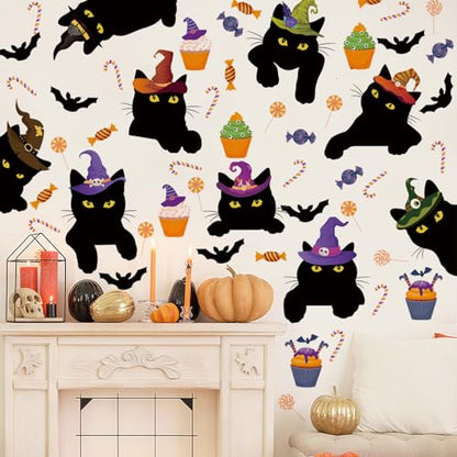 Halloween Window Decorations,Black Cat Halloween Window Clings,Pumpkin Black Cat Theme Wall Stickers,Haunted House Decor,All Hallows' Day Bat Candy Dessert Wall Decals for Home Room Kitchen