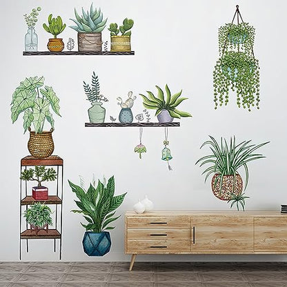 Green Plants Potted Wall Decals Tropical Plants Green Leaves Wall Stickers, DIY Vinyl Nature Wallpaper, for Living Room Background Wall Decoration Kids Bedroom Kitchen Office Girl Room
