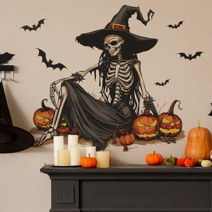 Horror Halloween Witch Skeleton Wall Decals,Removable Skull Wall Stickers with Bats & Pumpkins for Halloween Party Home Classroom Bar Decor (15.7x23.6 Inch)