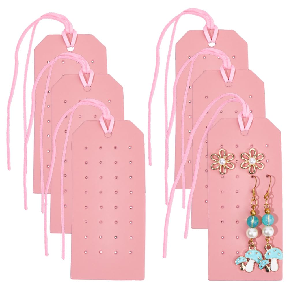 CALFOVERA 6Pcs Rectangle Pierced Stud Display Cards 32 Holes Portable PU Leather Earring Holders 4.3x2.2 Inch Earring Organizer Hanging Case with Cord for Women Travel Jewlery Storage (Pink)