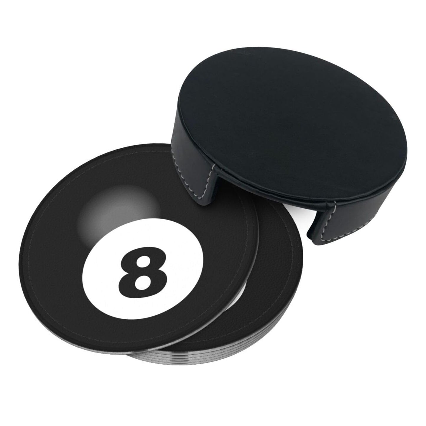BOXIMIAO Drink Coasters with Holder Stand Set of 6, Billiard Ball Black 8 Pu Leather Absorbent Coasters with Cork Base Table Coaster Round Coasters for Housewarming Apartment Kitchen Bar Decor