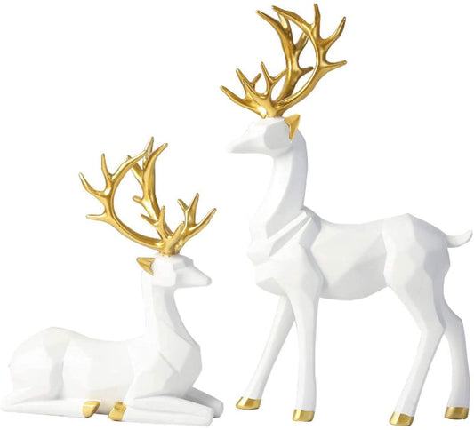 Nordic Style Origami Elk,Resin Sitting Standing Deer Statues, Creative Craft Reindeer Figurines，Ornaments Living Room TV Cabinet Wine Cabinet Gifts for Home Decoration One Pair (White)