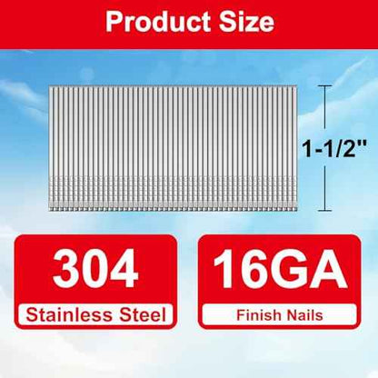 16 Gauge 304 Stainless Steel Straight Finish Nails, Assorted Size Project Pack for Pneumatic, Electric Finish Nailer or Nail Gun (1-1/2")