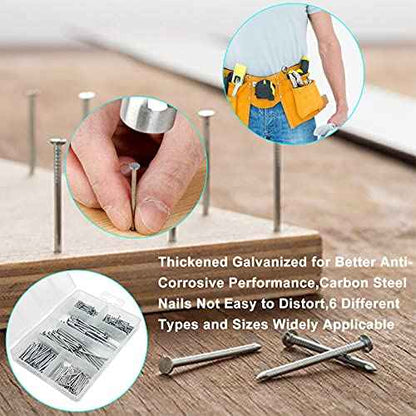 376pcs Hardware Nails Assortment Kit with 8oz Small Claw Hammer, Mini Hammer with Anti-Slip Handle, Maximum Length 2 Inches, Finishing Nails for Hanging Pictures, Household & DIY
