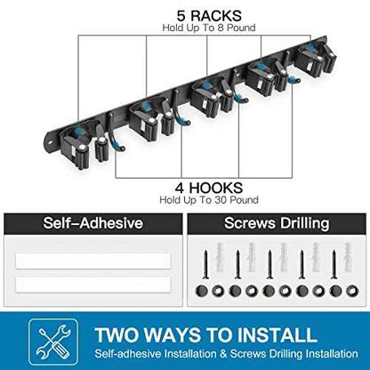IMILLET 2 Pack Broom and Mop Holder Wall Mounted, Broom Holder Stainless Steel Broom Organizer Heavy Duty Tools Organizer Self Adhesive for Laundry Room Garage Garden£¨5 Racks and 4 Hooks£©