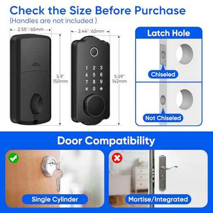 Fingerprint Smart Door Lock, Keyless Entry Deadbolt, Electronic Biometric Deadbolt with Phone/Watch App Control, Auto Lock with Touchscreen Keypad for Bedroom, Front Door, 7 Ways to Unlock