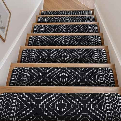 OJIA Boho Stair Treads Non-Slip Stair Runners for Wooden Steps Indoor 15PCS 30"x8" Washable Carpet Stair Treads Stair Mats Staircase Step Treads for Kids, Elders and Dogs, Stair Covers, Black