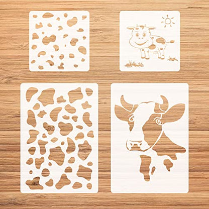 Cow Stencils, 4 Packs Farm Cow Print Stencil for Painting Animal Plastic Stencils ReusableTemplates for Painting on Wood Canvas Paper Fabric Floor Wall Tile DIY Crafts Decor