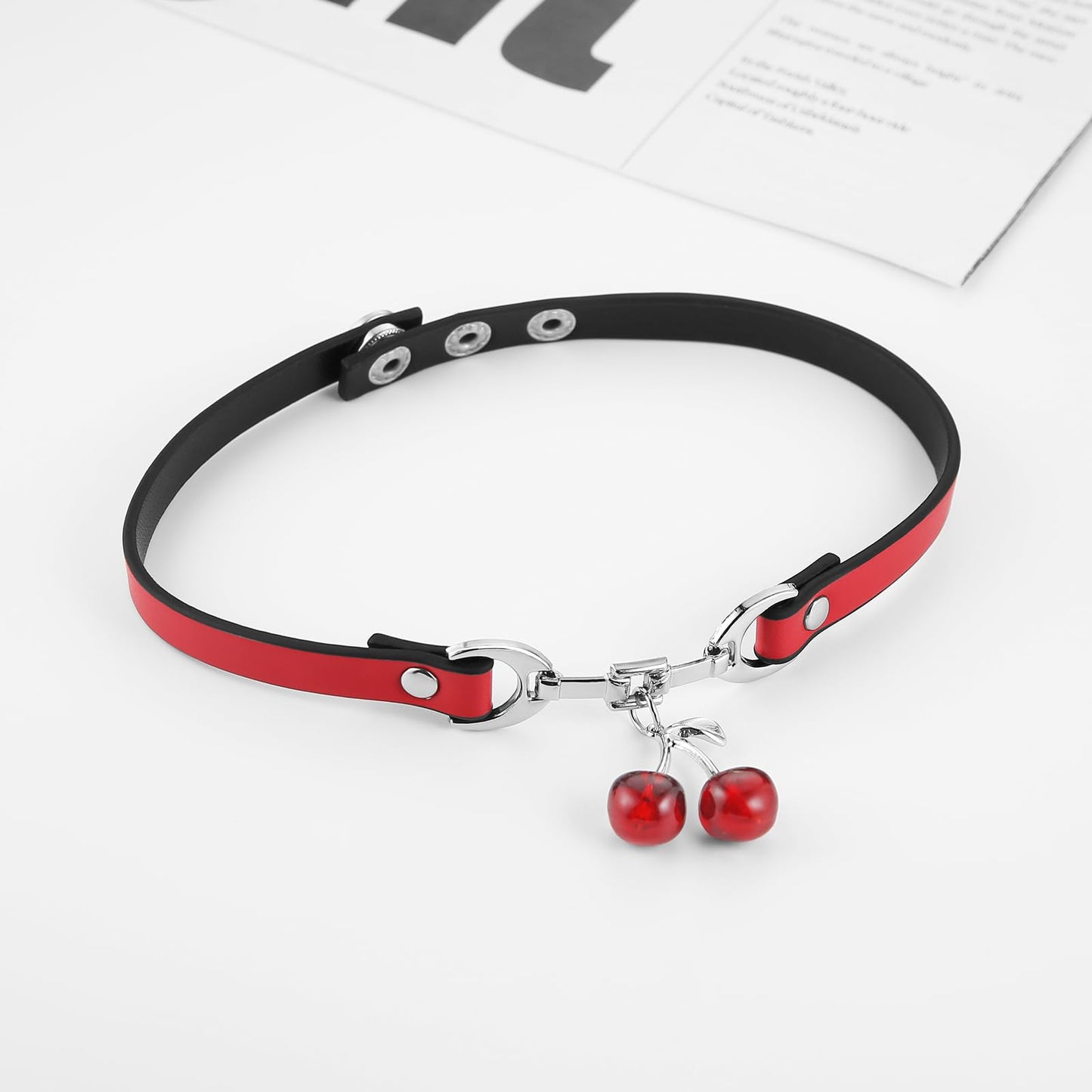 Cherry Pendant PU Leather Collar For Women Red Black Contrasting Cute and Cool Style Decorative Accessories（Cherry）