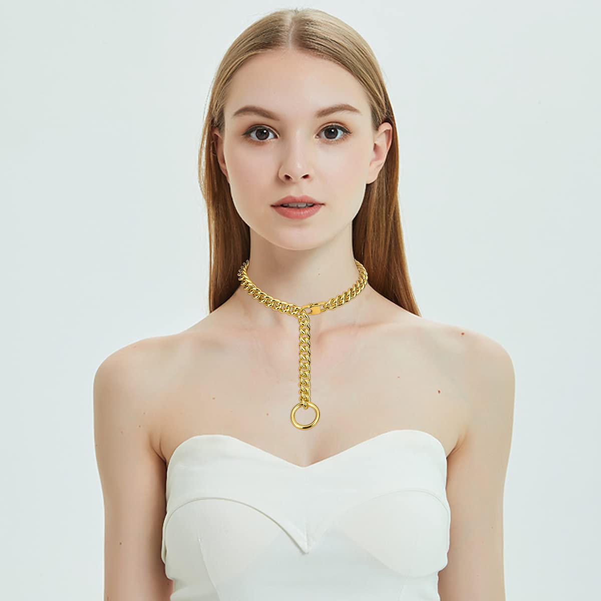 Jxlepe Womens Choker Chain 18K Gold Cuban Link Adjustable with O Ring Belt tail 0.4inch wide Punk Rock Stainless Steel Gift for her Sexy Pendant Xxxt.Necklace
