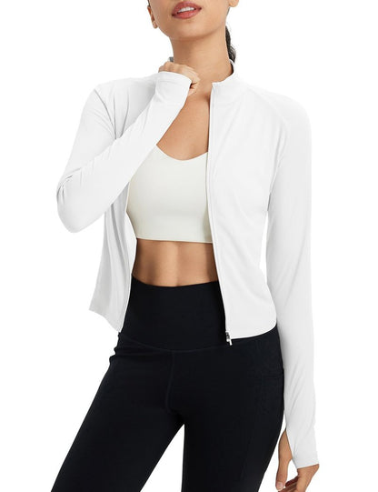 baleaf Women's UPF 50+ Sun Crop Shirt with Pockets Full Zip Cooling Quick Dry Long Sleeve Jacket for Golf Hiking Ultra White L