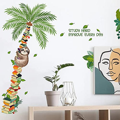 Book Tree Plants Sloth Wall Sticker, Cute Sloth Climbing on The Tree Wall Decal, Removable DIY Vinyl Mural Art Wallpaper D?cor for Reading Room Kids Bedroom Nursery Classroom