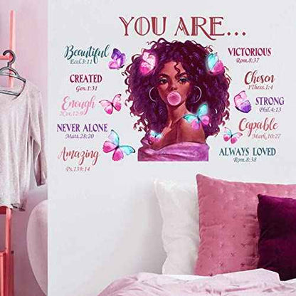 Mfault Black Girl Magic You are Beautiful Wall Decals Stickers, African American Nursery Decor Positive Saying Religious Bedroom Art, Inspirational Afro Butterfly Kids Teens Room Home Decorations