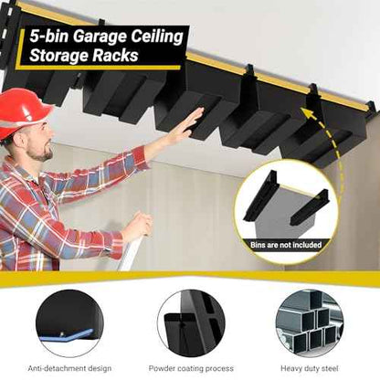 5-bin Overhead Garage Storage Rack, Heavy Duty Ceiling Storage Racks, Powder Coated Tote Storage Rack for Garages, Sheds, Storerooms (6 PCS, for 5 Bins)