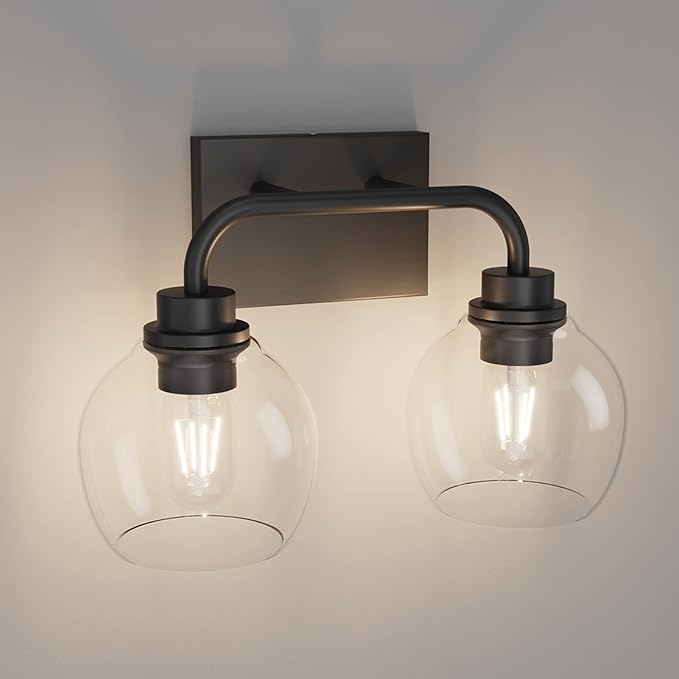 Tipace 2 Lights Industrial Bathroom Vanity Light Fixtures Over Mirror Black Vintage Vanity Lights with Globe Clear Glass Farmhouse Wall Sconces Fixture(Exclude Bulb)