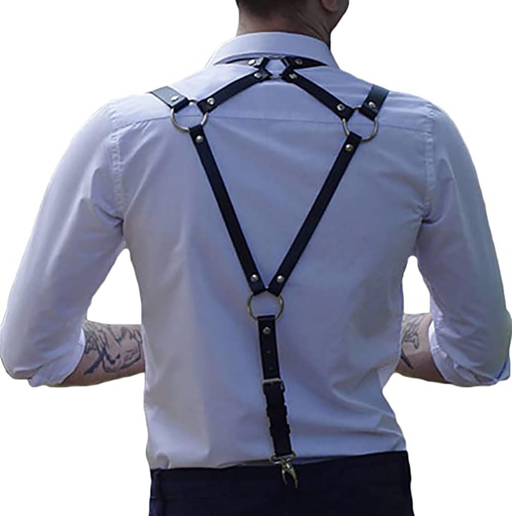Mens Black Leather Armors Suspenders Shoulder Strap Body Chest Harness Chain Belt Adjustable Gay Punk Clubwear Costume