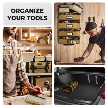 COMOWARE Roll Up Tool Bag, 600D Oxford PVC Coated Tool Organizer with 11 Pouches, 5 Exterior Wrench Pockets & Adjustable 51.2" Shoulder Strap for Mechanics, Plumbers, Camping, Motorcycle