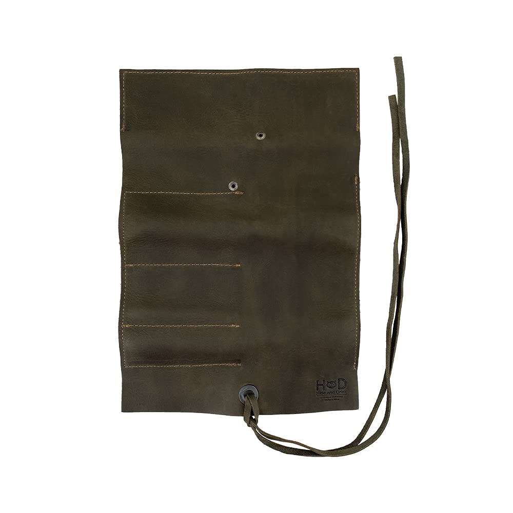 Hide & Drink, Rustic Leather Pencil Roll Pouch, Multi-Purpose Storage Wrap for Scissors, Earphones, Organizer for Craft, Work, Handmade (Dark Jade)