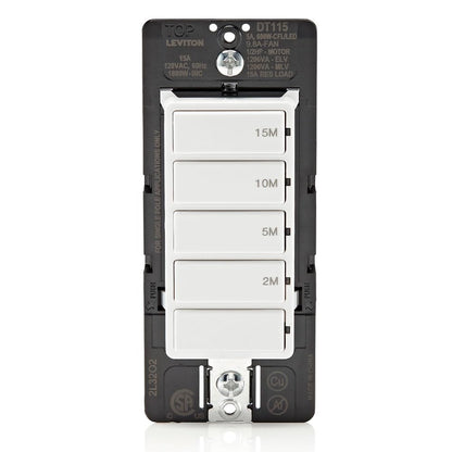 Leviton Countdown Timer Switch for bathroom fan and household lights, 5-10-15-30 min, No Neutral Required, Single Pole, 15A, 1/2 HP/9.8A Fan/Motor, DT130-1LW, White