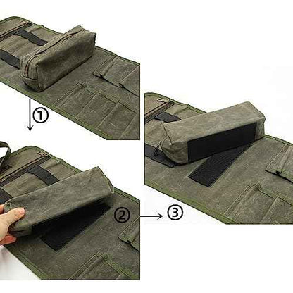 Waxed Canvas Multi-Purpose Waterpoof Tool Organizer Bags, Portable Carry On Pouch with 1 Small Detachable Tool pouch and 1 Zipper Pockets, 24.5" X 10.5"|ArmyGreen