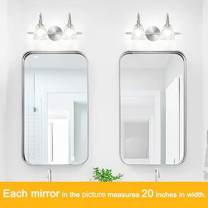 Vintage Vanity Light Fixtures for Bathroom, 2 Light Brushed Nickel Vanity Lighting Over Mirror, Bathroom Light Fixtures with Flower Clear Glass, Farmhouse Sconces Wall Lighting for Hallway
