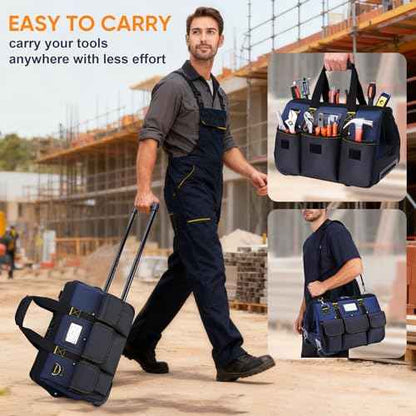 Rolling Tool Bag with Large Capacity, Heavy Duty Tool Organizer Bag with Wheels and Multi-pocket, Tool Storage Bag with Handle/Shoudler Strap/for Men, Electrician, Repairman, HVAC Techs, Mechanic