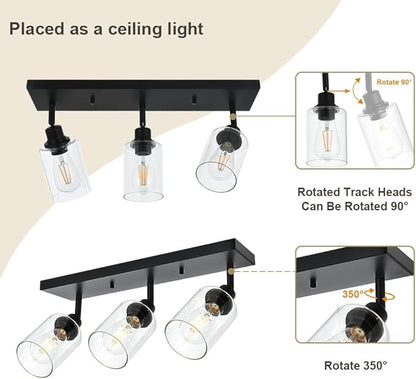 VINLUZ 3 Light Metal Bathroom Lighting in Black Finish Interior Wall Mounted Lights Multi-Directional Rotating Metal Ceiling Mount Fixture with Clear Glass Industrial Spotlight for Kitchen Foyer