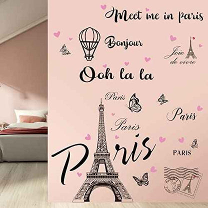 2 Sheets Paris Tower Wall Stickers Decor Paris Eiffel Tower Peel and Stick Wall Decal Large Black Removable Balloon Stickers for Bedroom Living Room Sofa Backdrop Romance Decoration