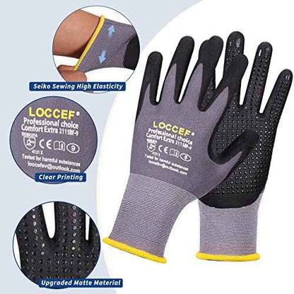 LOCCEF Work Gloves MicroFoam Nitrile Coated-6 Pairs,Endurance Seamless Knit Nylon,Dots on palm,Tacky Dot Grip Gloves