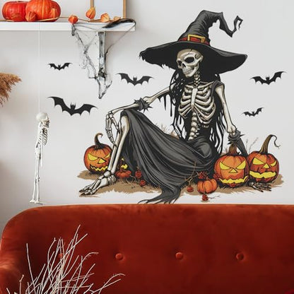 Horror Halloween Witch Skeleton Wall Decals,Removable Skull Wall Stickers with Bats & Pumpkins for Halloween Party Home Classroom Bar Decor (15.7x23.6 Inch)