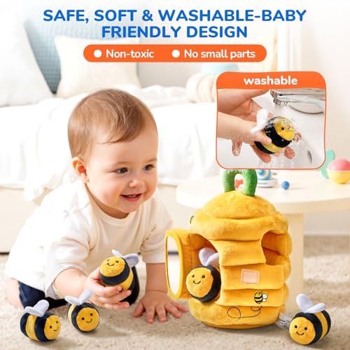 JoyCat Baby Toys 6-12 Months - B2 Soft Baby Beehive with 5 Sensory Bees - Rattle, Crinkle Paper, Squeaker, Mirror, Busy Montessori Soft Toys for Toddlers 0-3 Years Old - Boy Girl Birthday Gift