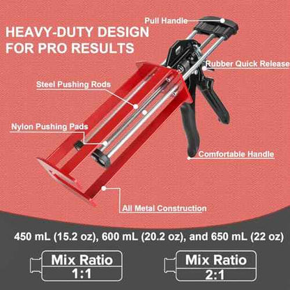 Epoxy Gun Dual Cartridge Applicator 450mL/600mL/650mL, Manual 1:1 & 2:1 Ratio, High-Thrust 2-Part Adhesive Dispenser for Epoxy, Urethane, Acrylic, Panel Bonding & Plastic Repair, Red