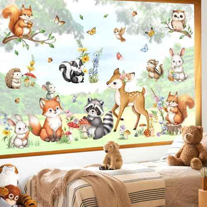 decalmile Woodland Animals Double Sided Window Clings - Forest Animal Window Decals with Deer, Fox, Squirrel, Raccoon