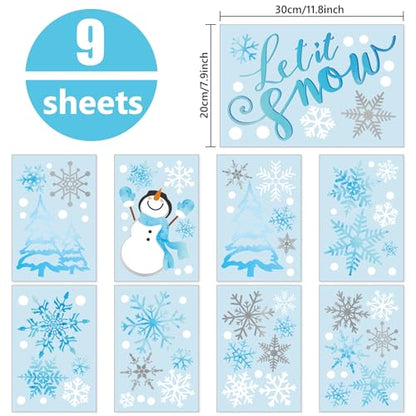 Winter Snowflake Snowman Wall Stickers Christmas Window Decals Small Room Mural Stickers for Party Home Bedroom Kitchen Decor, 7.9 x 11.8 Inch, 9 Sheets