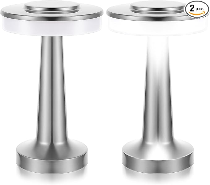 Riakrum Set of 2 LED Portable Cordless Table Lamp with Touch Sensor 3 Color Stepless Dimming Rechargeable Battery up to 15 Hours Cordless Table Light Wireless Lamp for Nursery(Silver,2 Pcs)