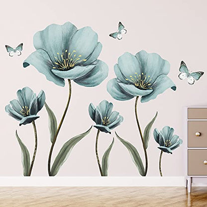Dreamy Blue Flower Wall Stickers Creative Painted Butterflies Wall Decals Romantic Painting Art Decor Vinyl Removable Peel and Stick for Living Room Nursery Bedroom Office Bathroom Wall Decoration